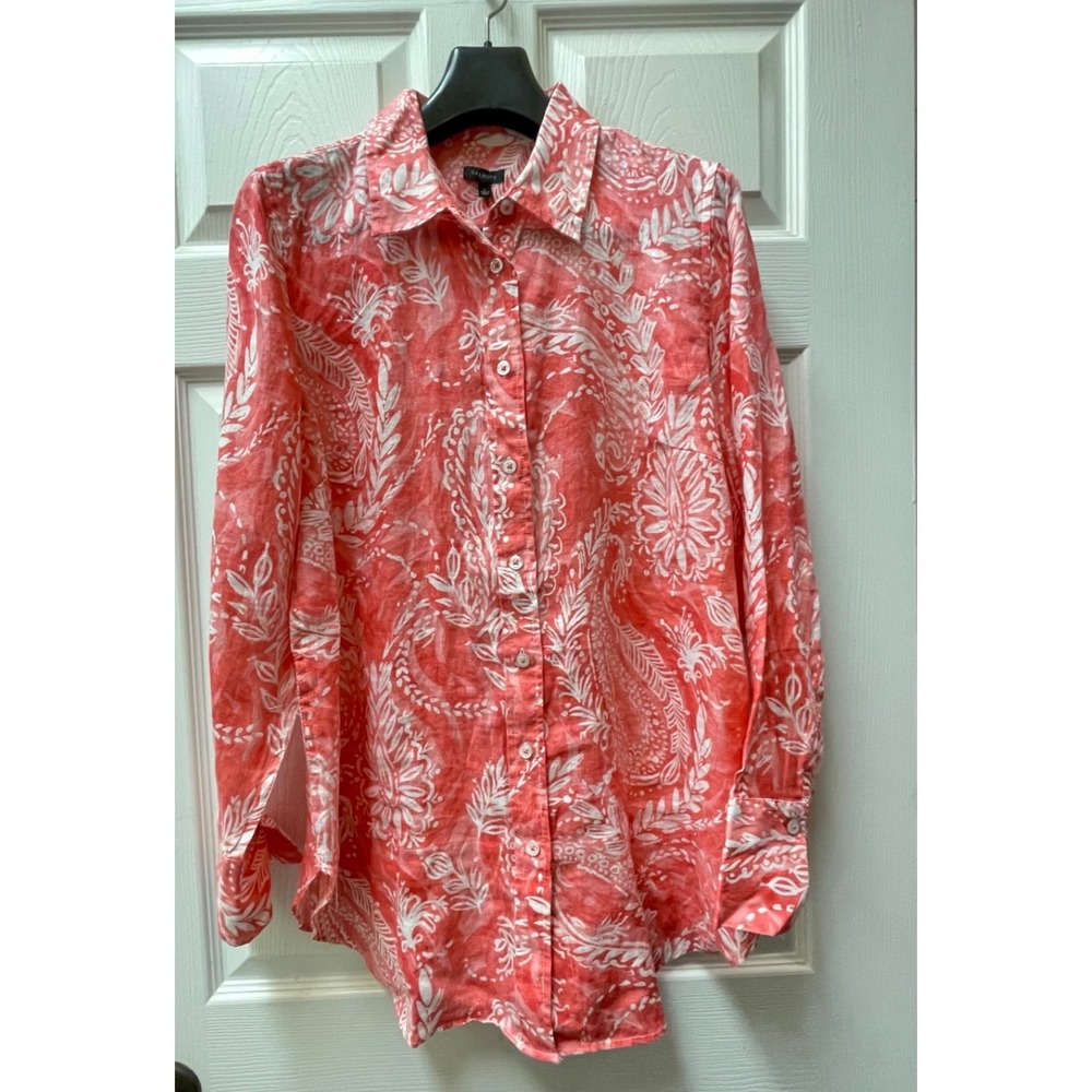 Talbots Women's Large Linen Pink Paisley Boyfriend Long Sleeve Button-Up Shirt - Picture 6 of 15